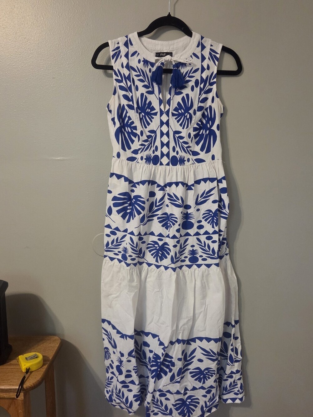 F&F Womens White/Blue Floral Peasant  Cottagecore Maxi Dress. Sz Uk 8= Sz 4 - Picture 3 of 7